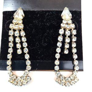 Vintage Art Deco Rhinestone Dangle Clip-On Earrings Clear Cascade Drop